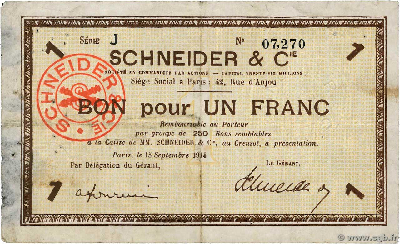 1 Franc FRANCE regionalism and various Le Creusot 1914 JP.71-05 VF