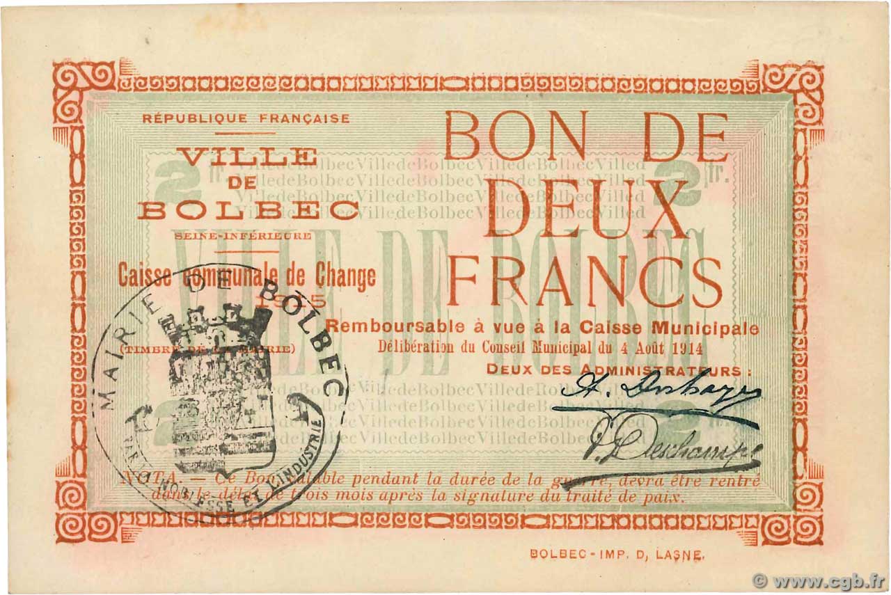 2 Francs FRANCE Regionalismus und verschiedenen Bolbec 1914 JP.76-007 SS