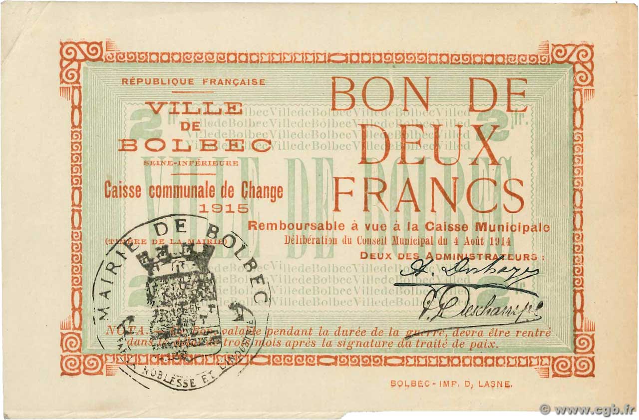 2 Francs FRANCE régionalisme et divers Bolbec 1914 JP.76-007 TTB