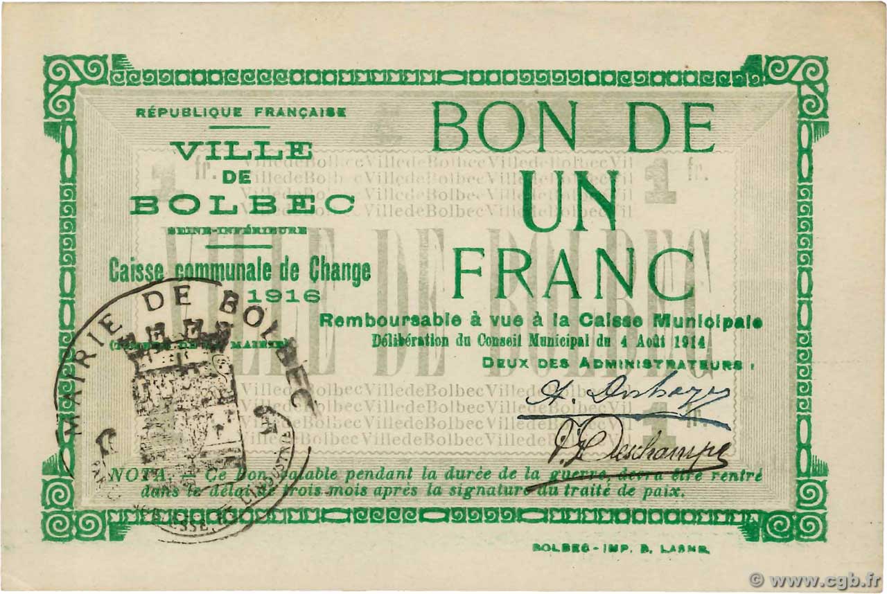 1 Franc FRANCE régionalisme et divers Bolbec 1914 JP.76-010 SPL