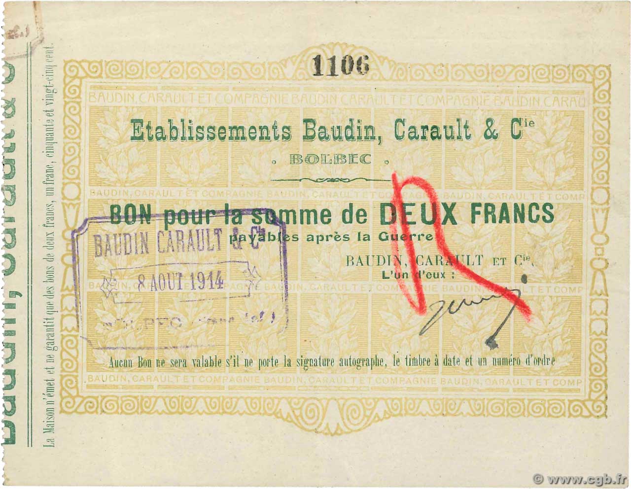 2 Francs FRANCE régionalisme et divers Bolbec 1914 JP.76-027 SUP