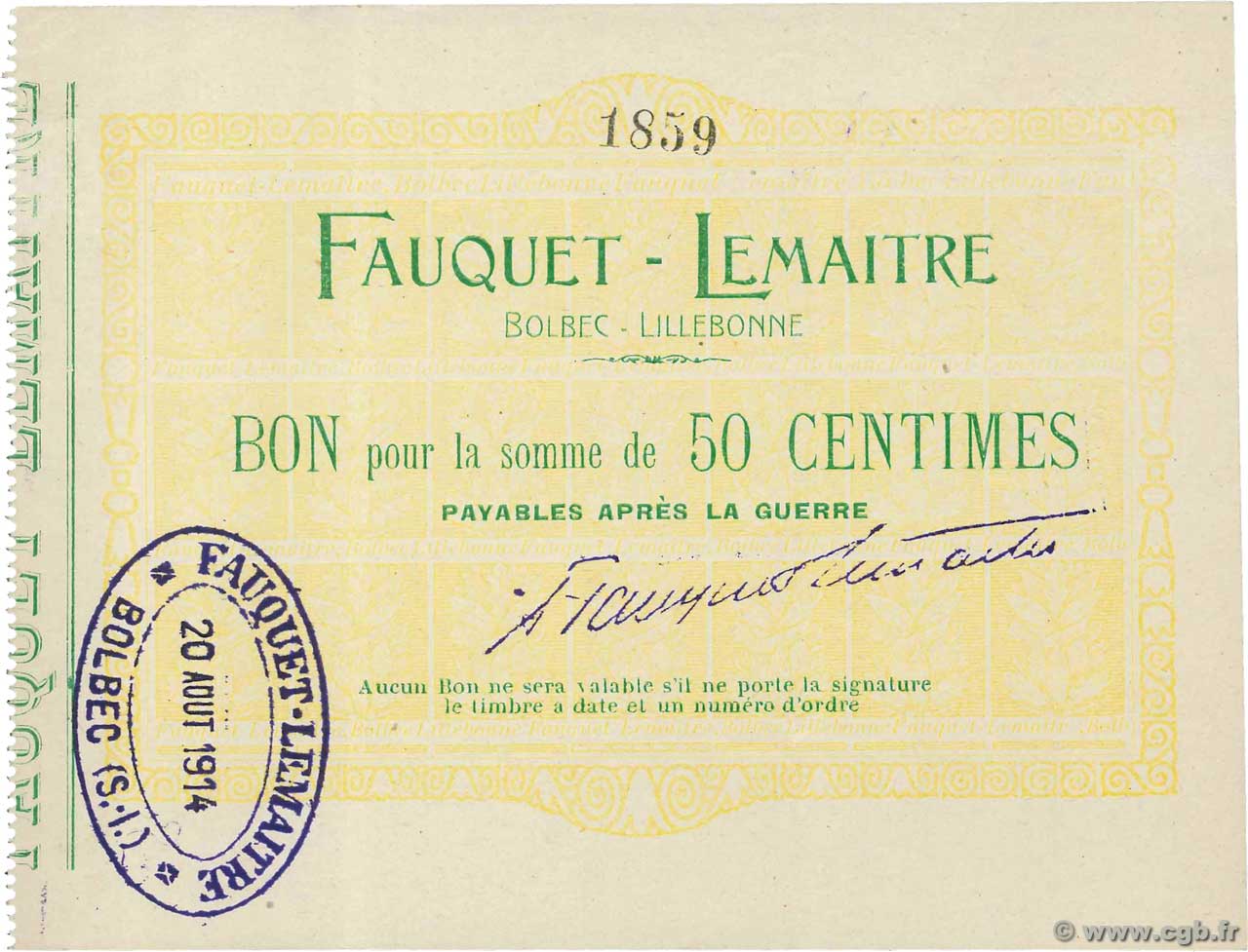 50 Centimes FRANCE regionalism and miscellaneous Bolbec-Lillebonne 1914 JP.76-029 AU