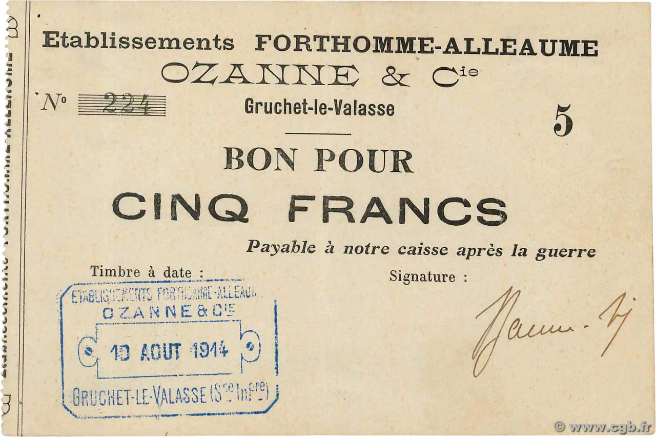 5 Francs FRANCE regionalismo y varios Gruchet-La-Valasse 1914 JP.76-096 EBC