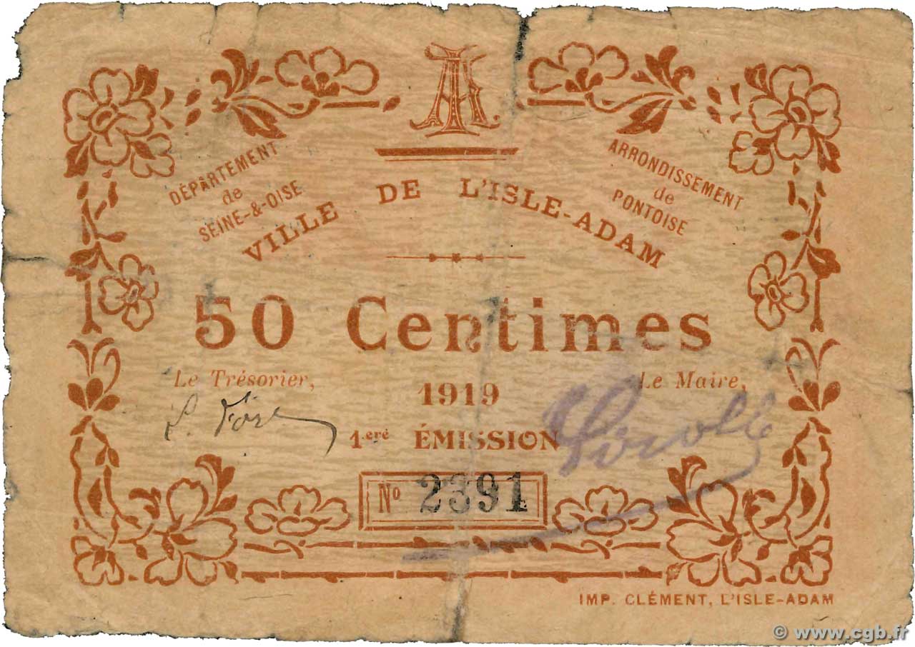 50 Centimes FRANCE régionalisme et divers L Isle-Adam 1919 JP.78-26 B