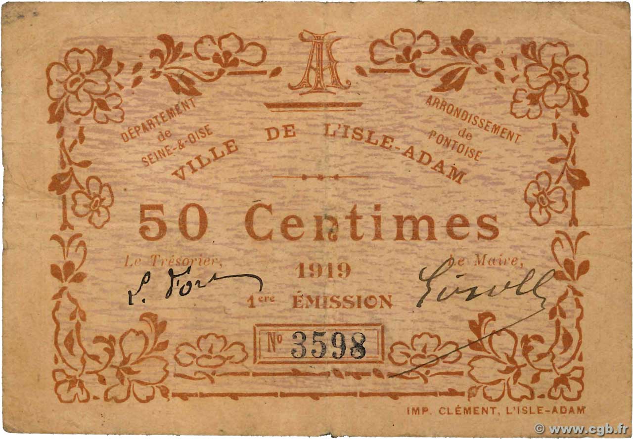 50 Centimes FRANCE régionalisme et divers L Isle-Adam 1919 JP.78-26 TB