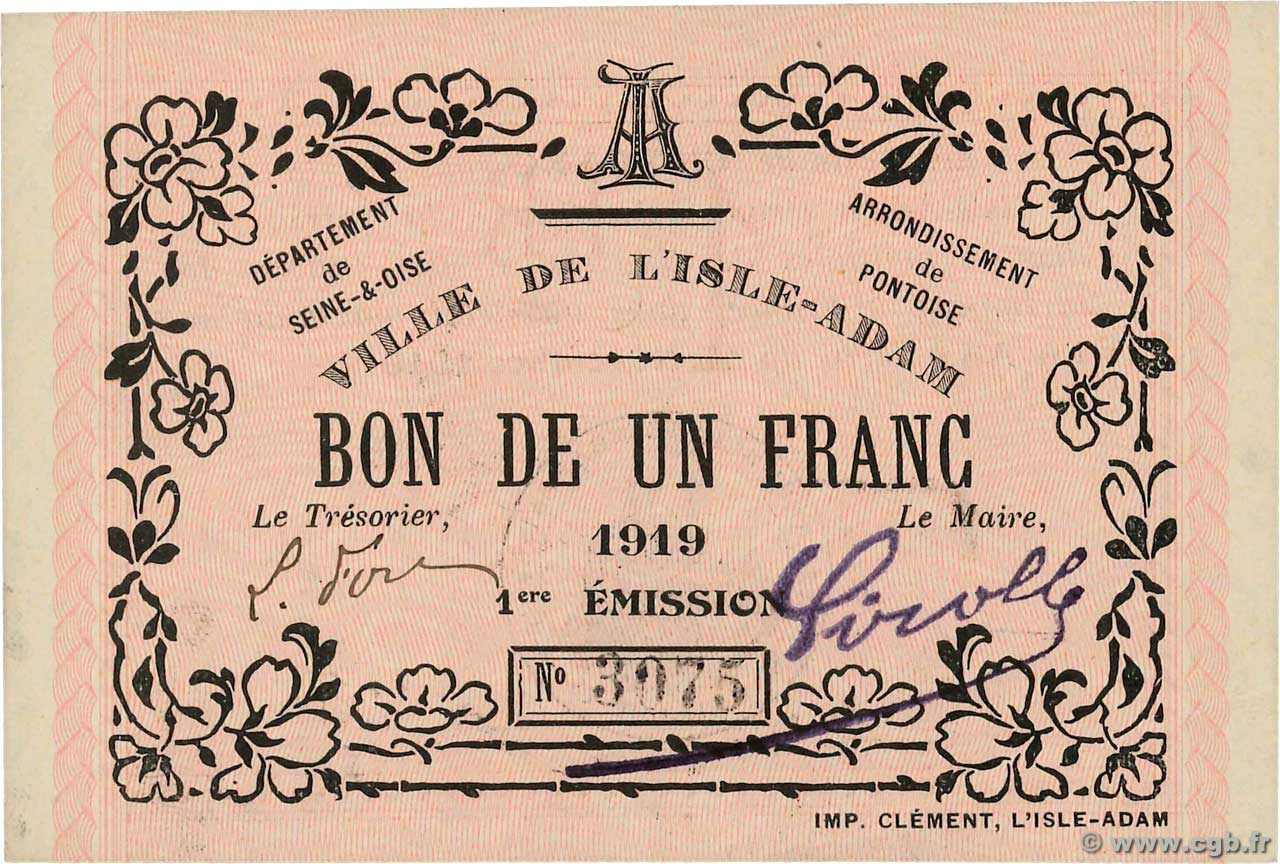 1 Franc FRANCE régionalisme et divers L Isle-Adam 1919 JP.78-29 SPL