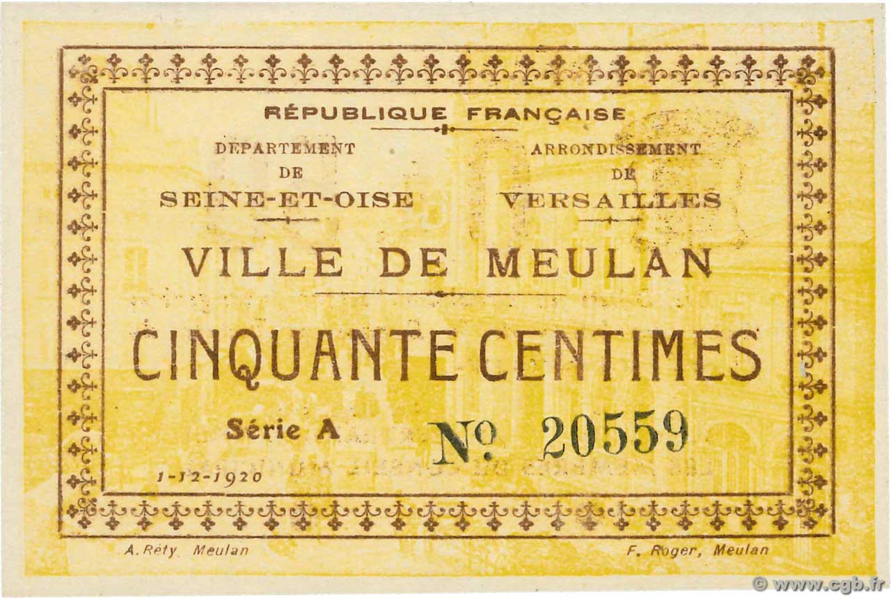 50 Centimes FRANCE Regionalismus und verschiedenen Meulan 1920 JP.78-39 VZ