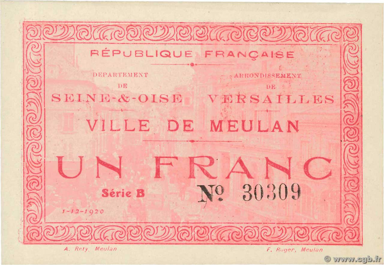 1 Franc FRANCE regionalism and various Meulan 1920 JP.78-40 XF