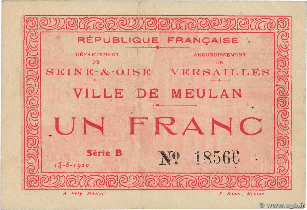1 Franc FRANCE regionalism and miscellaneous Meulan 1920 JP.78-40 VF