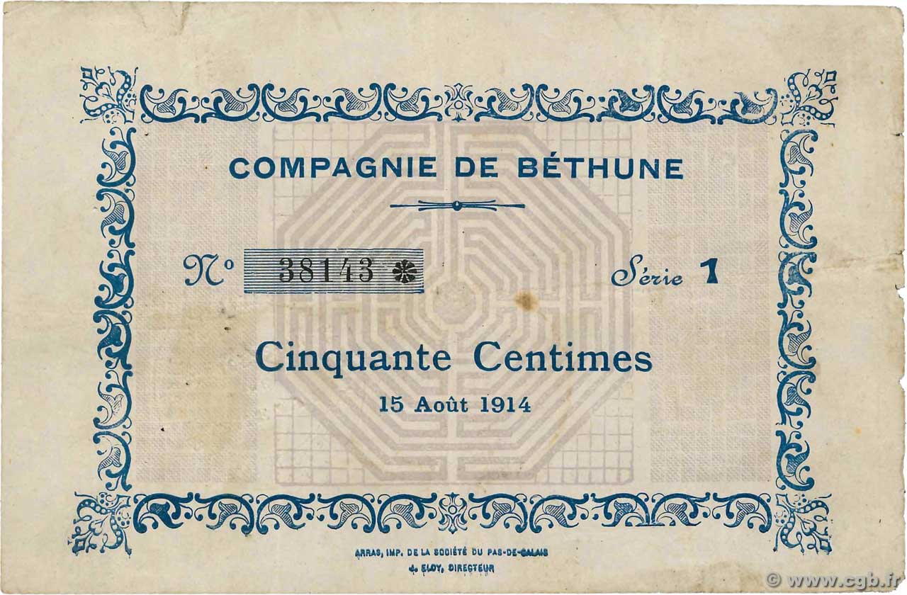 50 Centimes FRANCE régionalisme et divers Bethune 1914 JP.62-0633 TTB