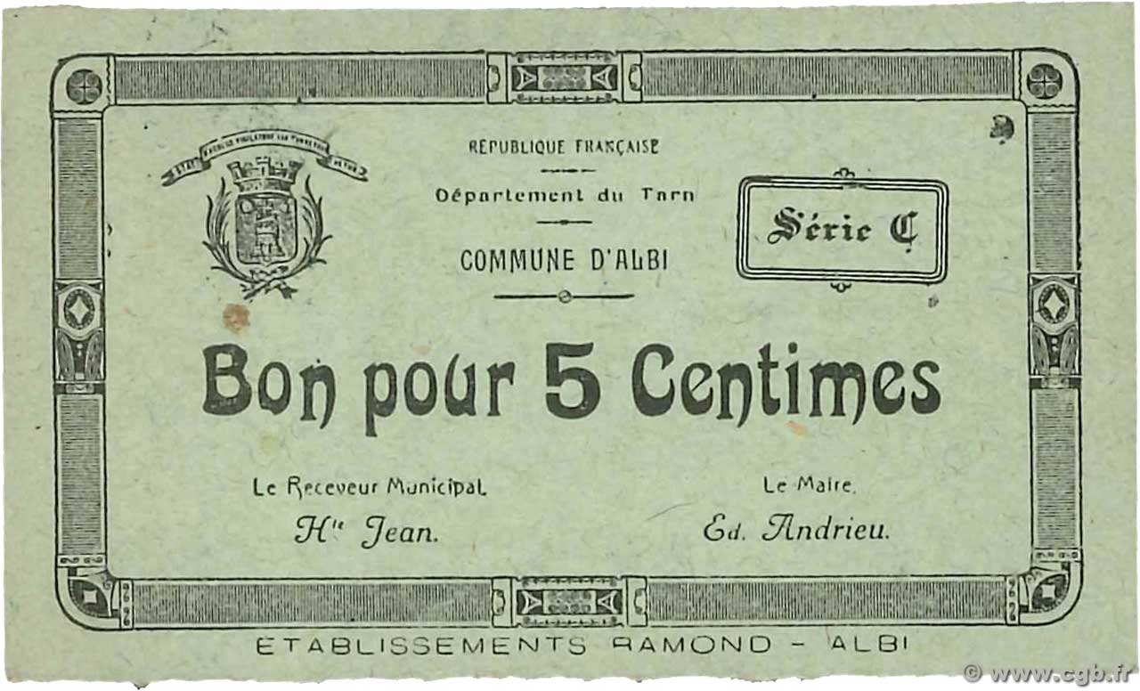 5 Centimes FRANCE regionalism and miscellaneous Albi 1916 JP.81-03 AU
