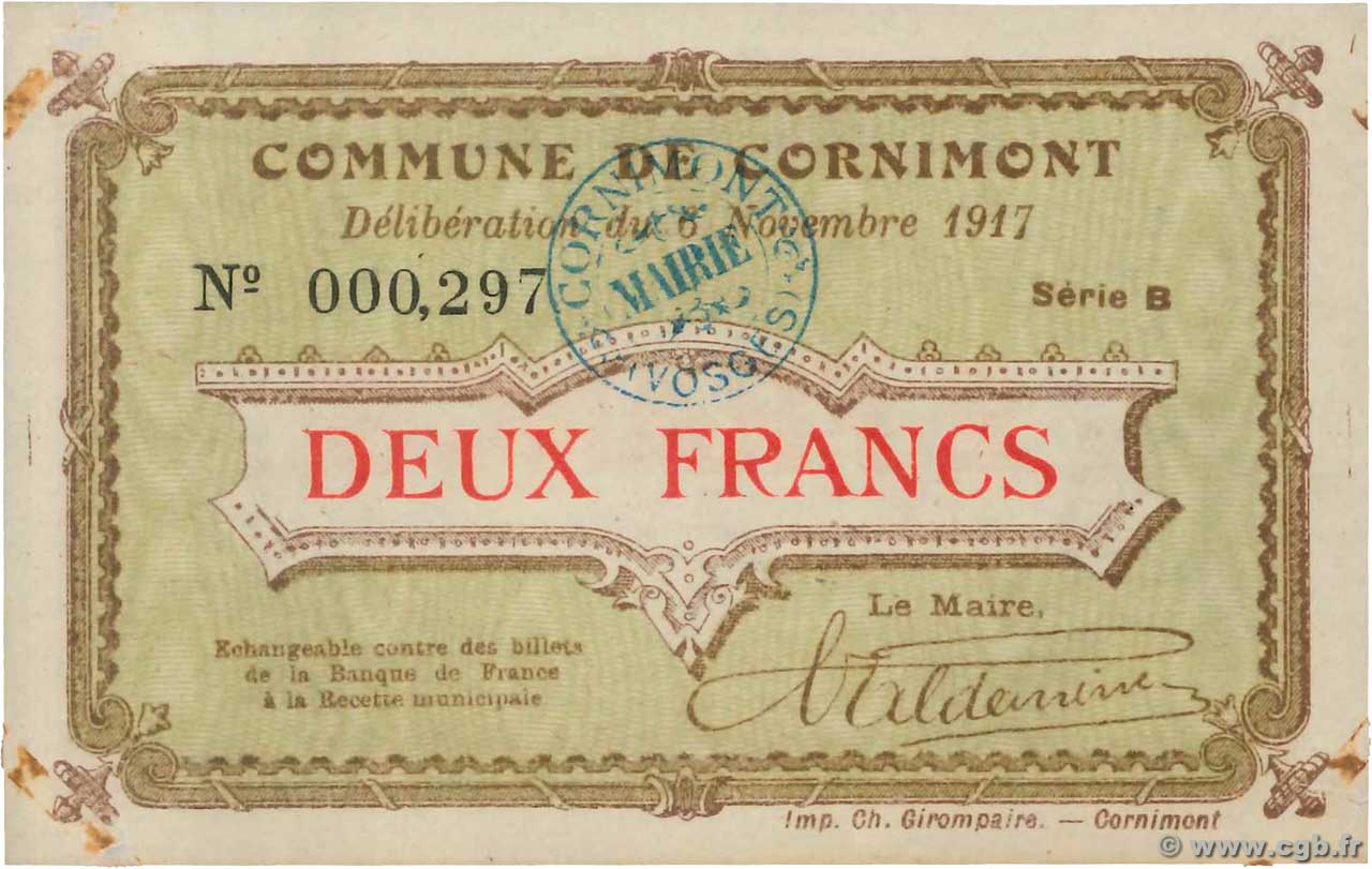 2 Francs FRANCE regionalismo y varios Cornimont 1917 JP.88-027 EBC