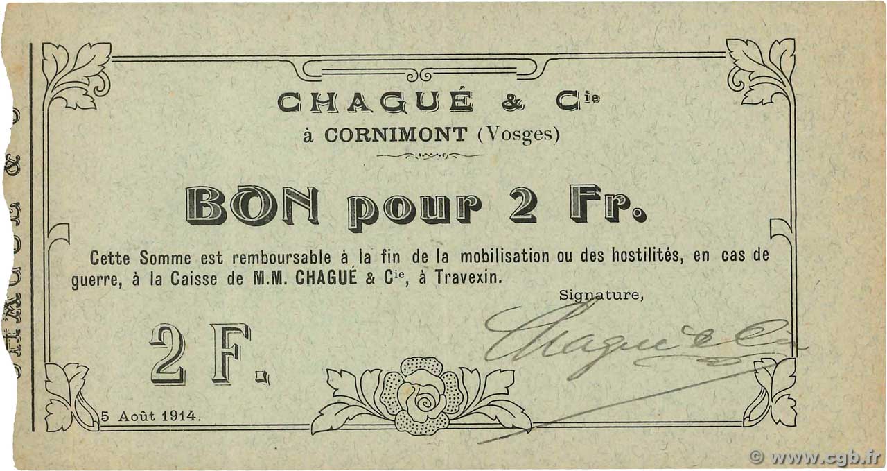 2 Francs FRANCE Regionalismus und verschiedenen Cornimont 1914 JP.88-034 VZ