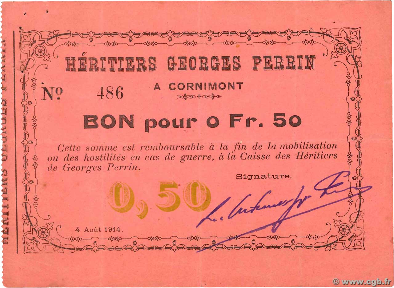 50 Centimes FRANCE regionalism and miscellaneous Cornimont 1914 JP.88-044 VF
