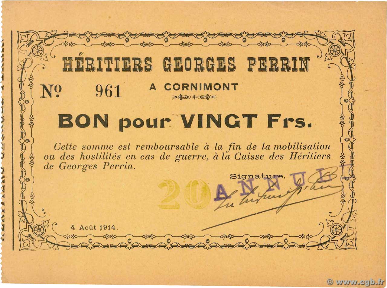 20 Francs Annulé FRANCE régionalisme et divers Cornimont 1914 JP.88-050 SUP