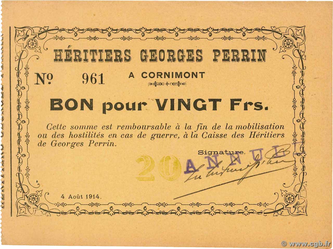 20 Francs Annulé FRANCE Regionalismus und verschiedenen Cornimont 1914 JP.88-050 VZ