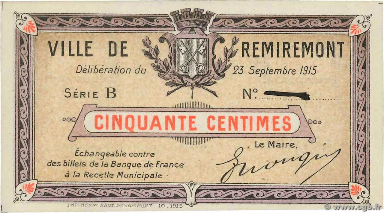 50 Centimes FRANCE régionalisme et divers Remiremont 1915 JP.88-059 NEUF