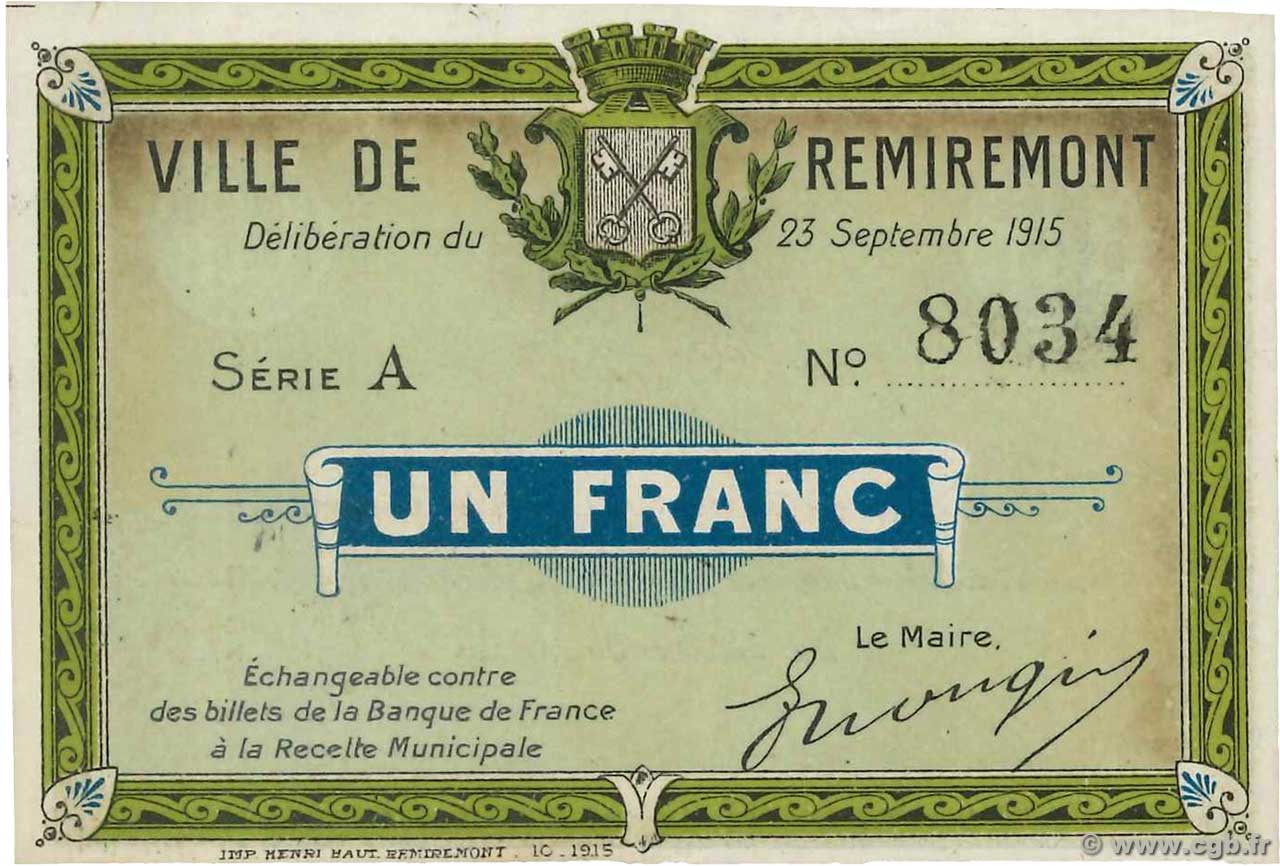 1 Franc FRANCE régionalisme et divers Remiremont 1915 JP.88-066 SUP