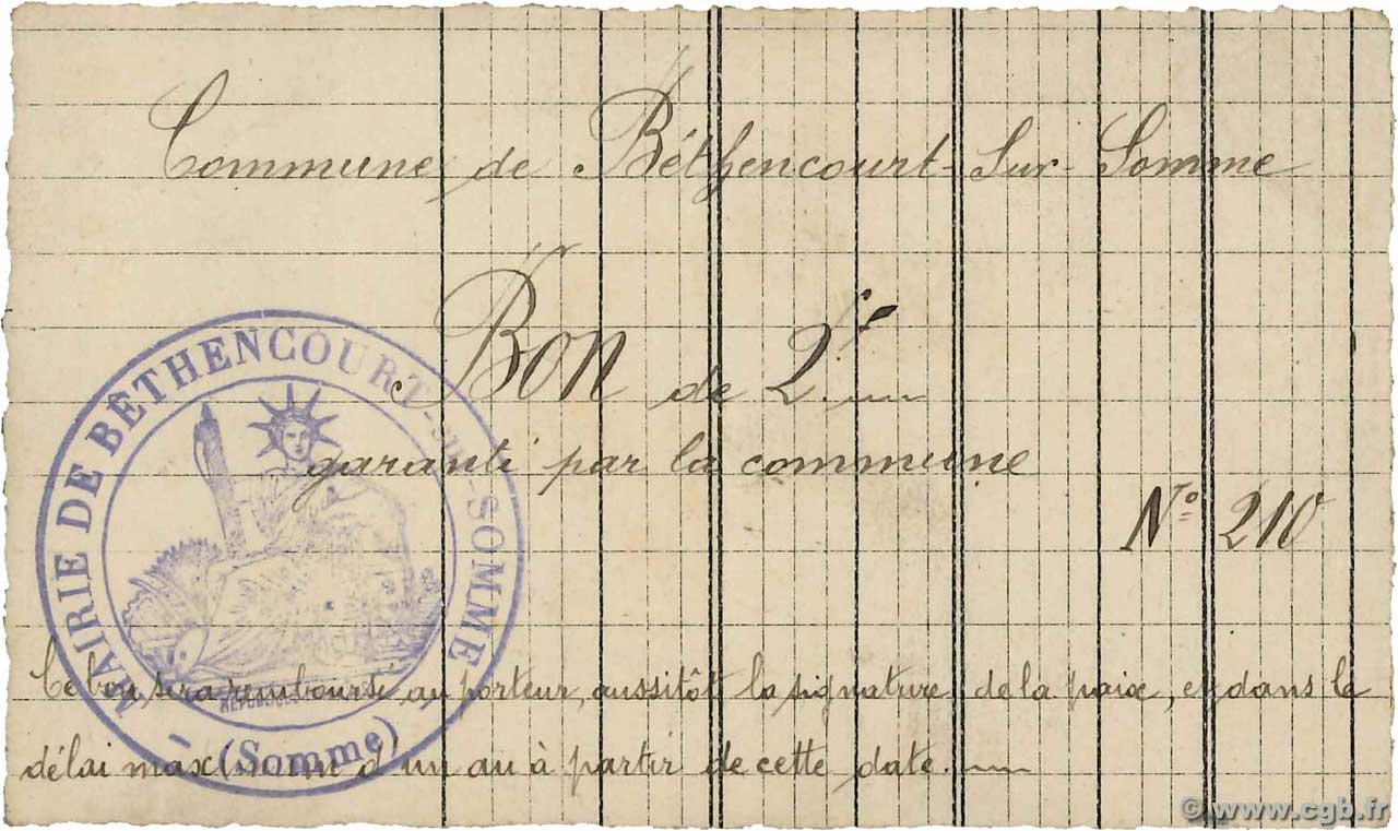 2 Francs FRANCE regionalismo e varie Bethencourt-Sur-Somme 1914 JP.80-012 SPL