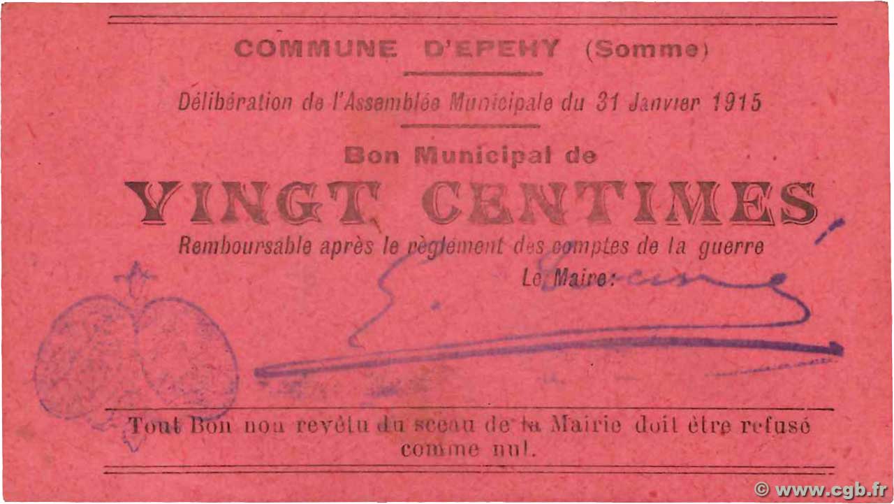 20 Centimes FRANCE régionalisme et divers Epehy 1915 JP.80-134 SPL