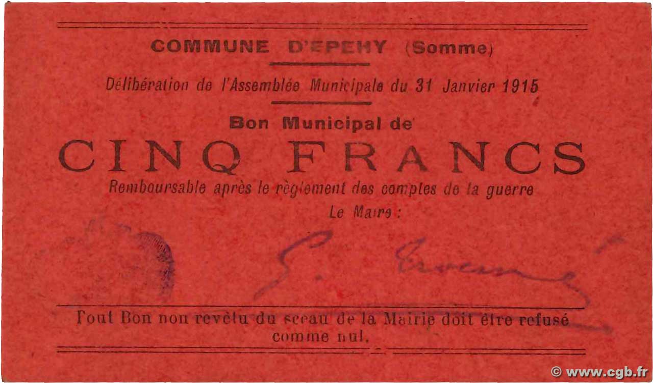 5 Francs FRANCE régionalisme et divers Epehy 1915 JP.80-137 SPL