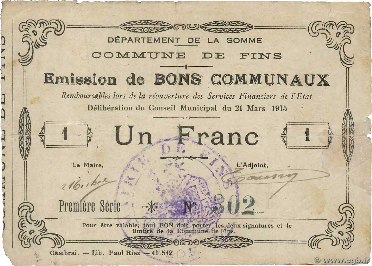 1 Franc FRANCE regionalism and miscellaneous Fins 1915 JP.80-210 F