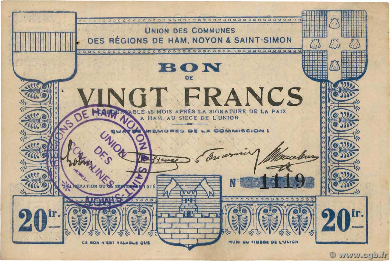 20 Francs FRANCE regionalism and miscellaneous Ham, Noyon & Saint-Simon 1916 JP.80-246 XF