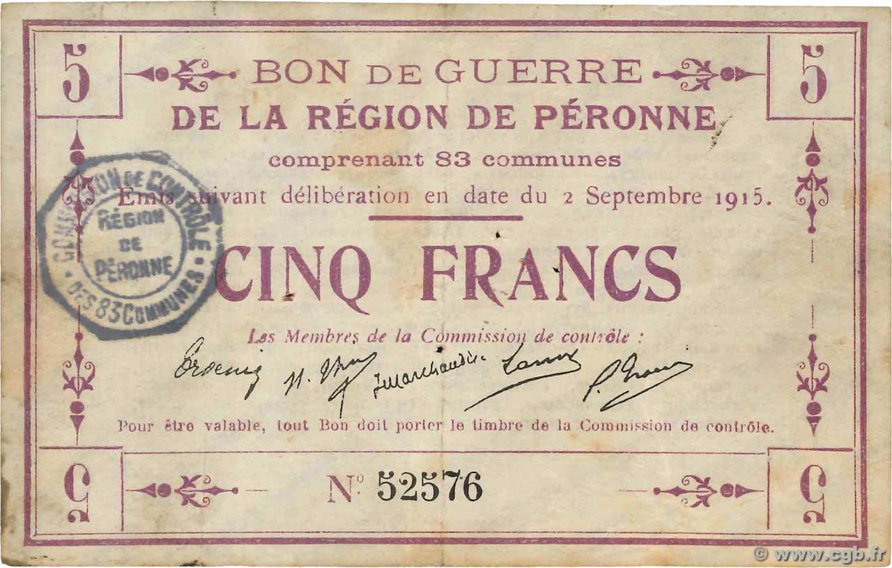 5 Francs FRANCE regionalism and various Peronne 1915 JP.80-416 VF