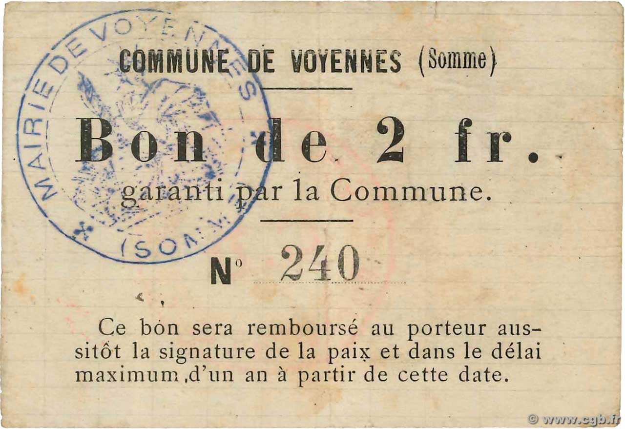 2 Francs FRANCE regionalism and various Voyennes 1914 JP.80-627 VF