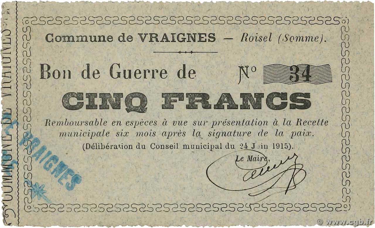 5 Francs FRANCE Regionalismus und verschiedenen Vraignes-Roisel 1915 JP.80-648 VZ