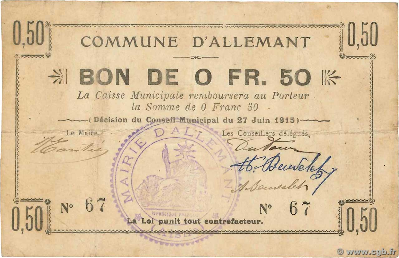 50 Centimes FRANCE régionalisme et divers Allemant 1915 JP.02-0018 TTB