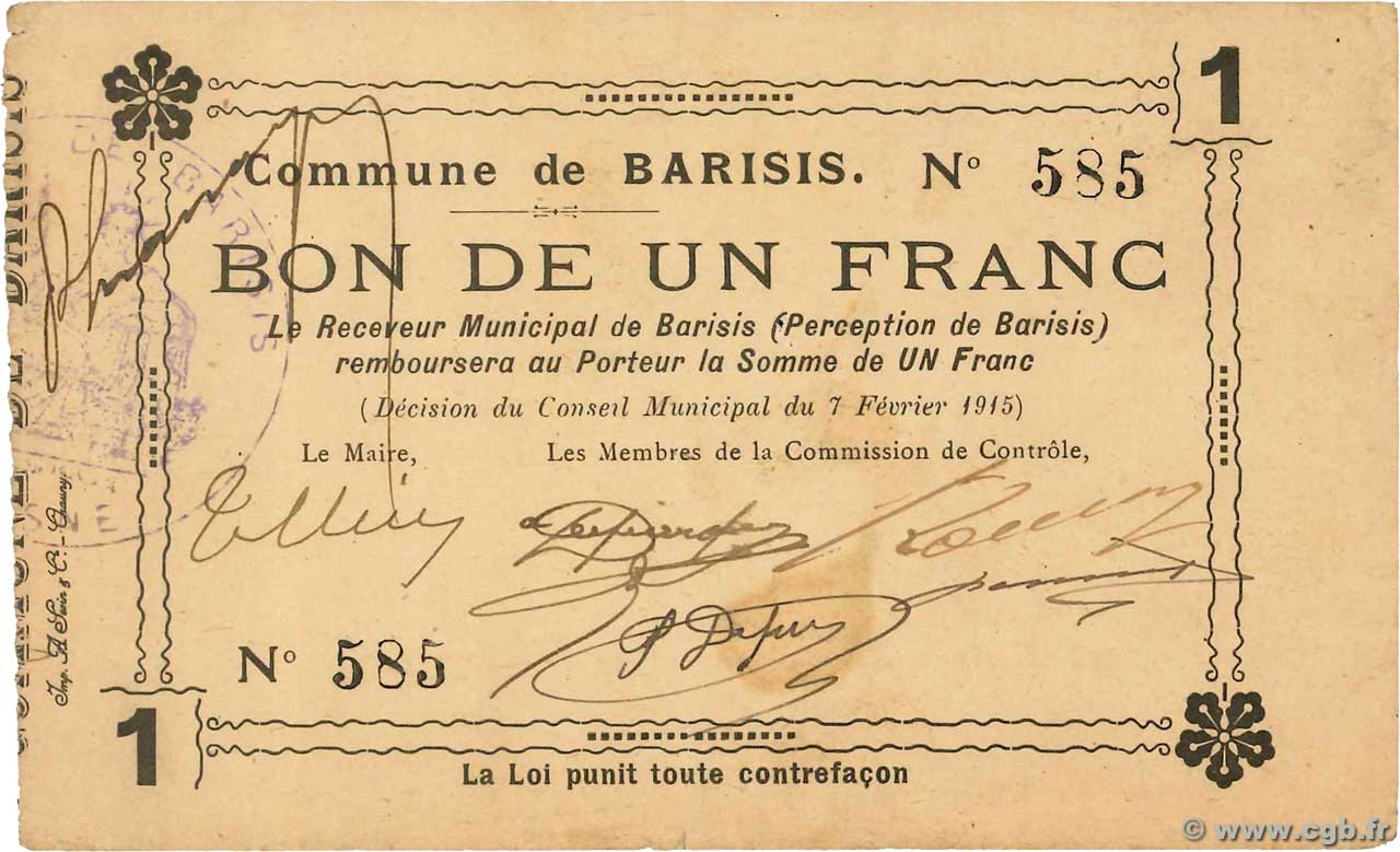 1 Franc FRANCE Regionalismus und verschiedenen Barisis 1915 JP.02-0107 VZ