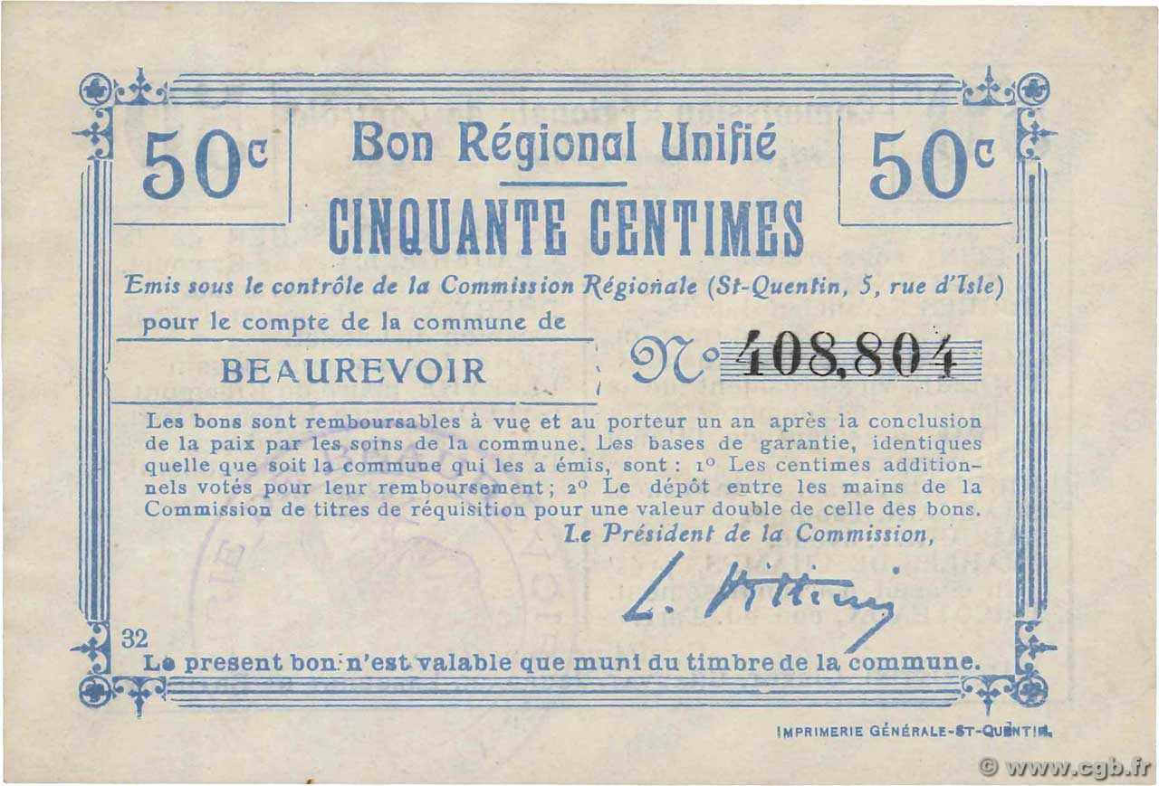 50 Centimes FRANCE regionalismo e varie Beaurevoir 1914 JP.02-0154 AU
