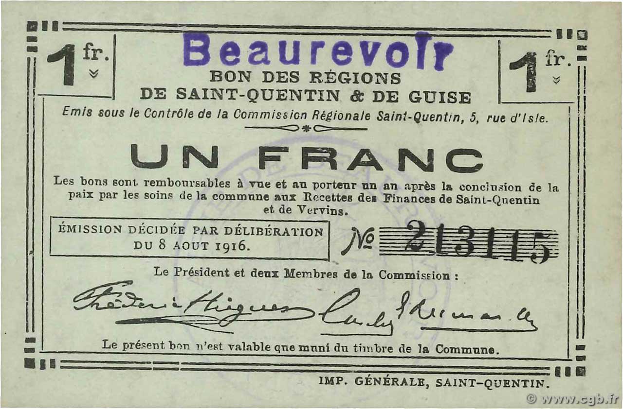 1 Franc FRANCE regionalismo y varios Beaurevoir 1916 JP.02-0155 FDC