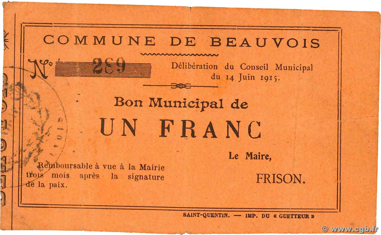 1 Franc FRANCE regionalism and miscellaneous Beauvois 1915 JP.02-0158 VF