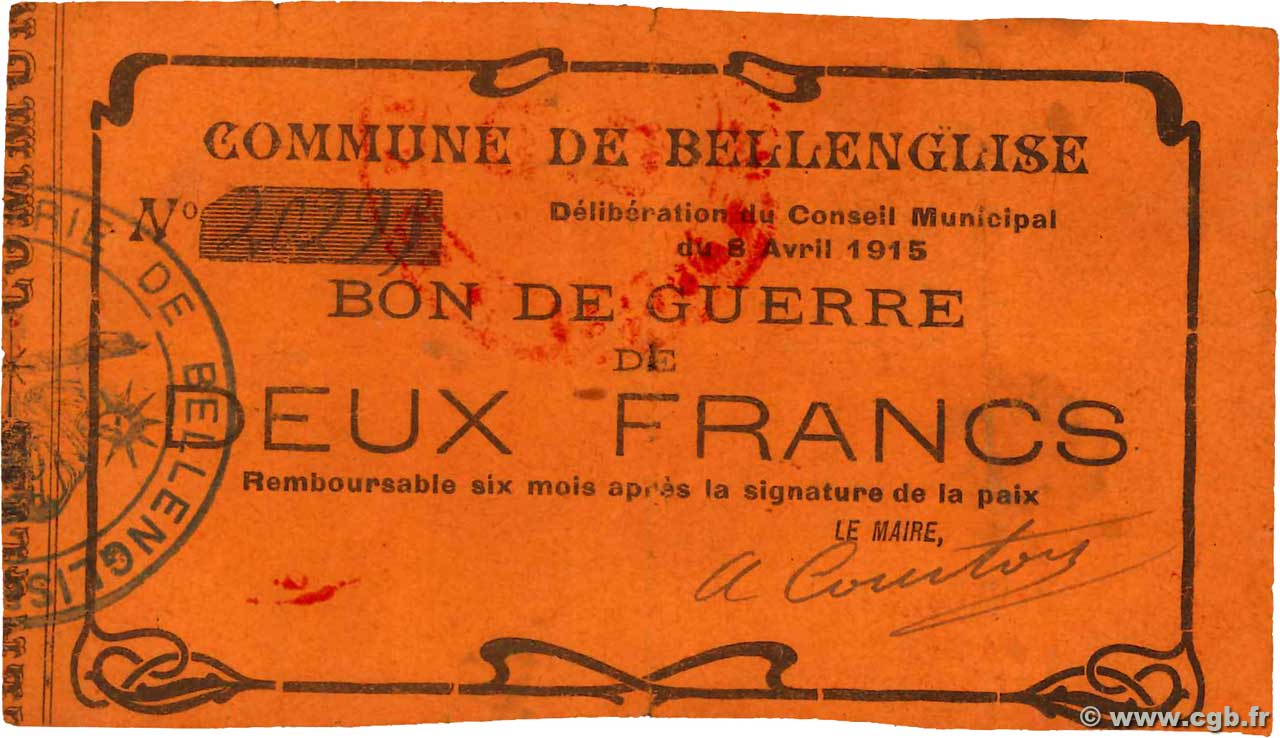 2 Francs FRANCE regionalism and various Bellenglise 1915 JP.02-0178 F