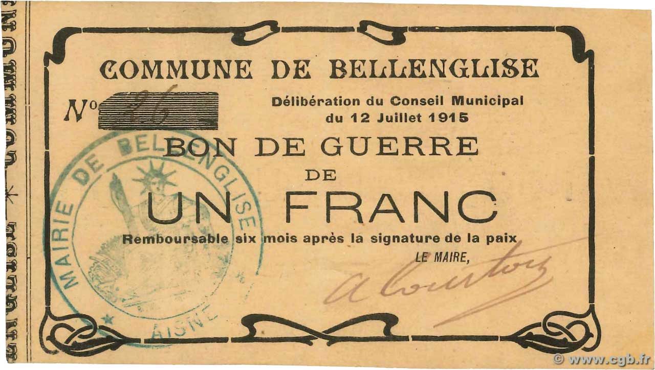 1 Franc FRANCE regionalism and various Bellenglise 1915 JP.02-0181 XF