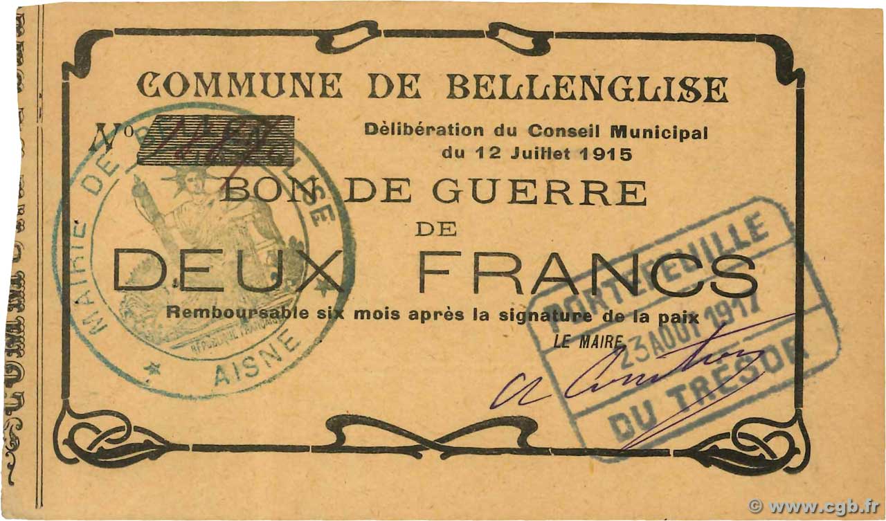 2 Francs FRANCE regionalism and various Bellenglise 1915 JP.02-0182 XF