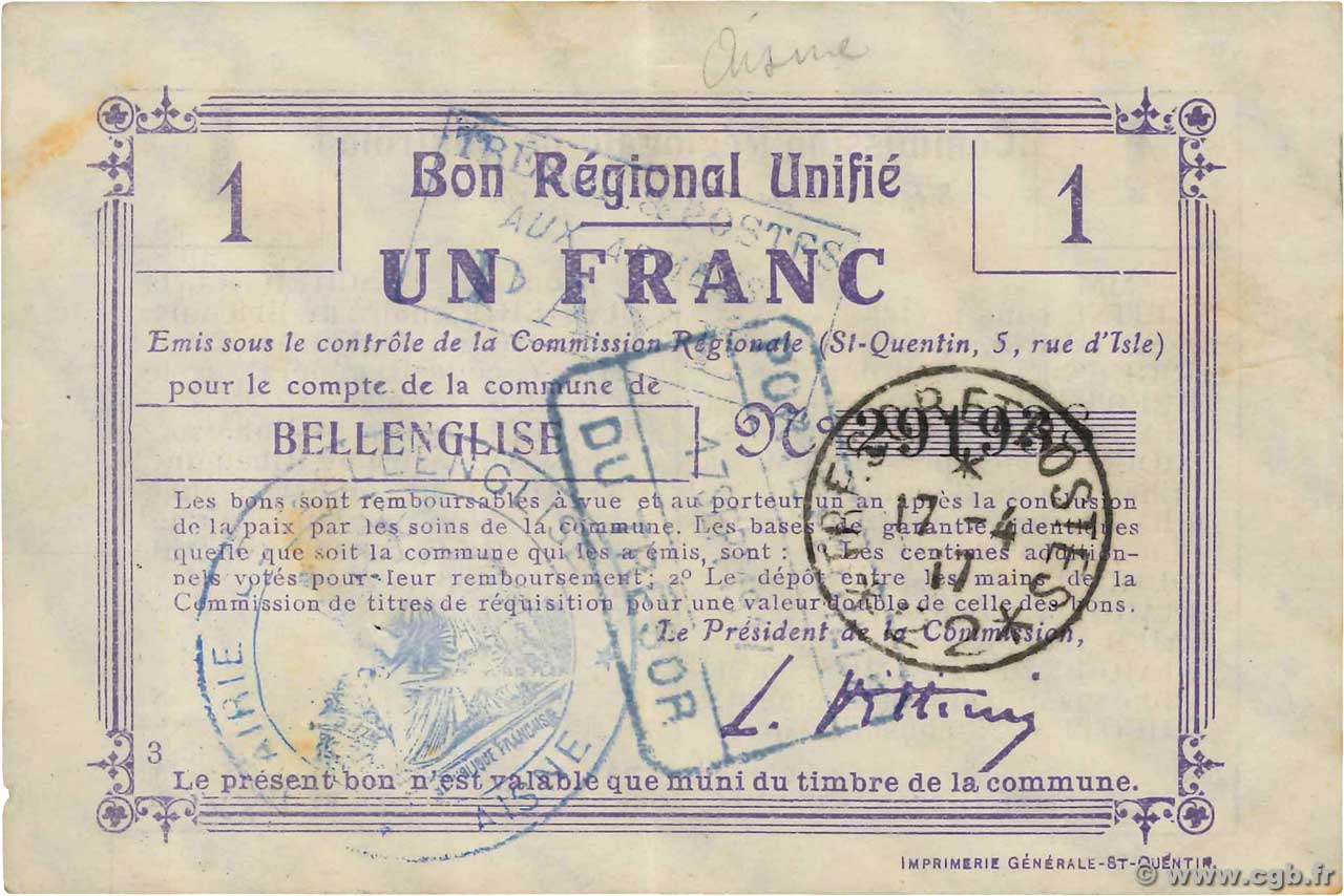 1 Franc FRANCE regionalism and various Bellenglise 1914 JP.02-0185 XF