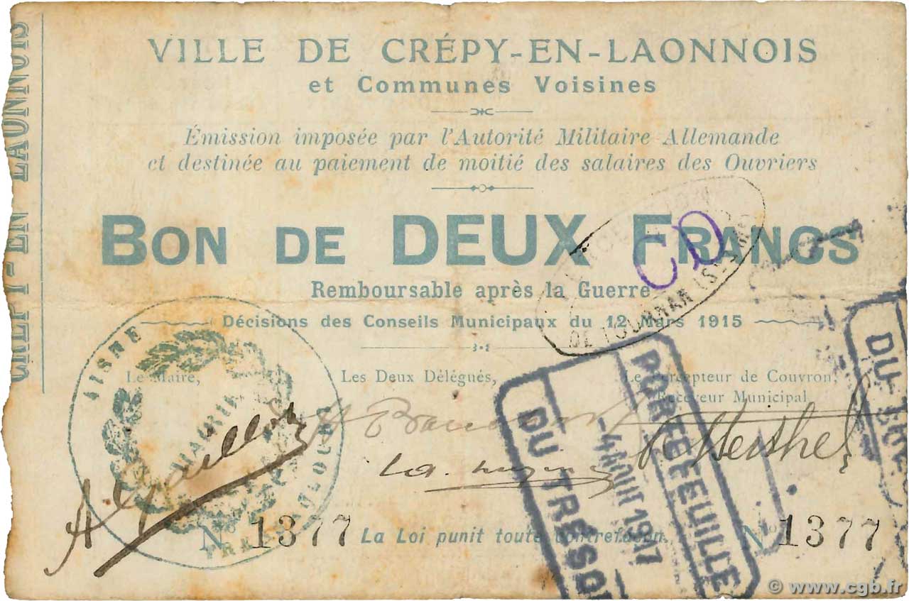 2 Francs FRANCE régionalisme et divers Crepy-en-Laonnois 1915 JP.02-0539 TTB