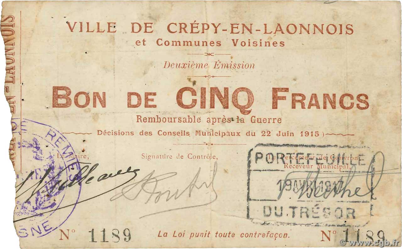 5 Francs FRANCE Regionalismus und verschiedenen Crepy-en-Laonnois 1915 JP.02-0544 SS