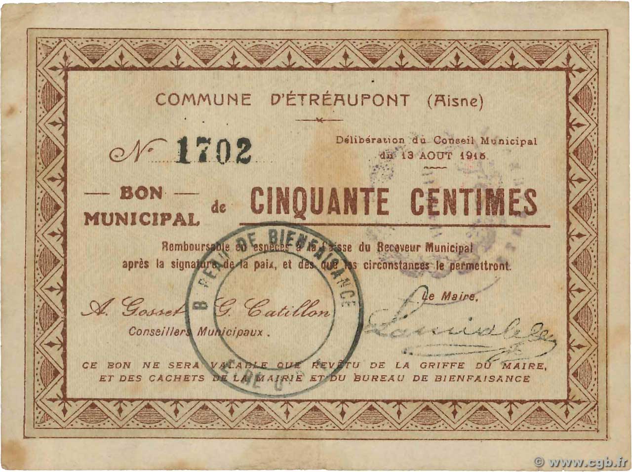 50 Centimes FRANCE regionalism and miscellaneous Etreaupont 1915 JP.02-0739 VF