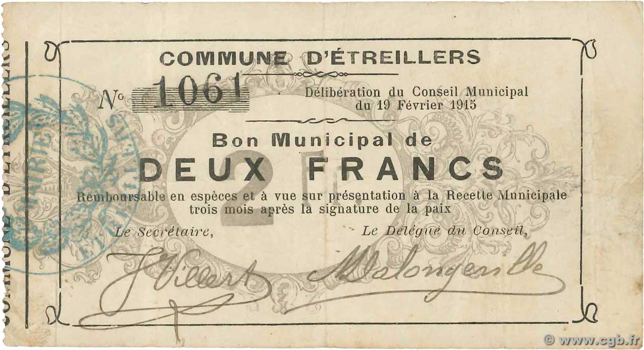 2 Francs FRANCE regionalism and various Etreillers 1915 JP.02-0759 VF