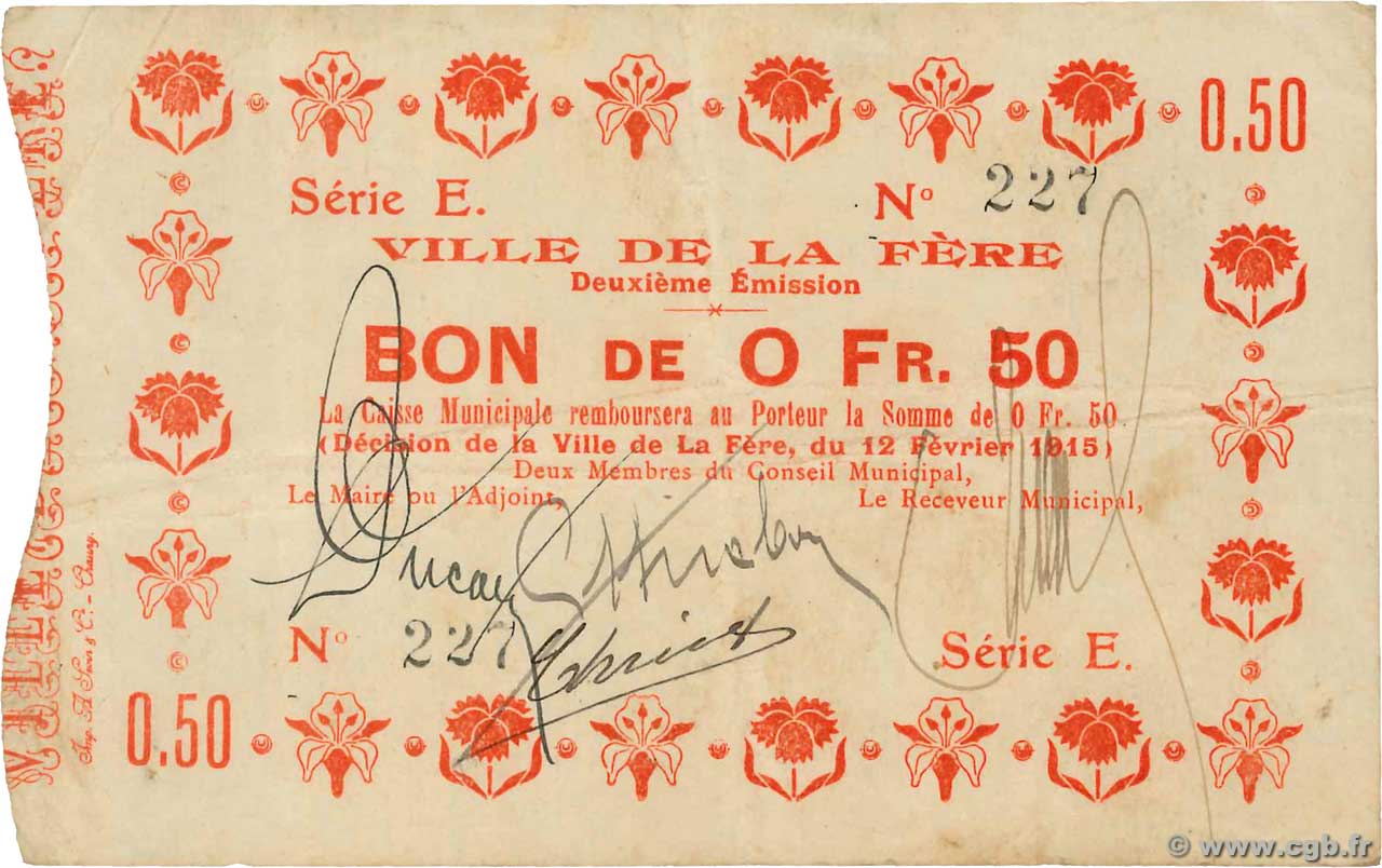 50 Centimes FRANCE Regionalismus und verschiedenen La Fere 1915 JP.02-0792 SS