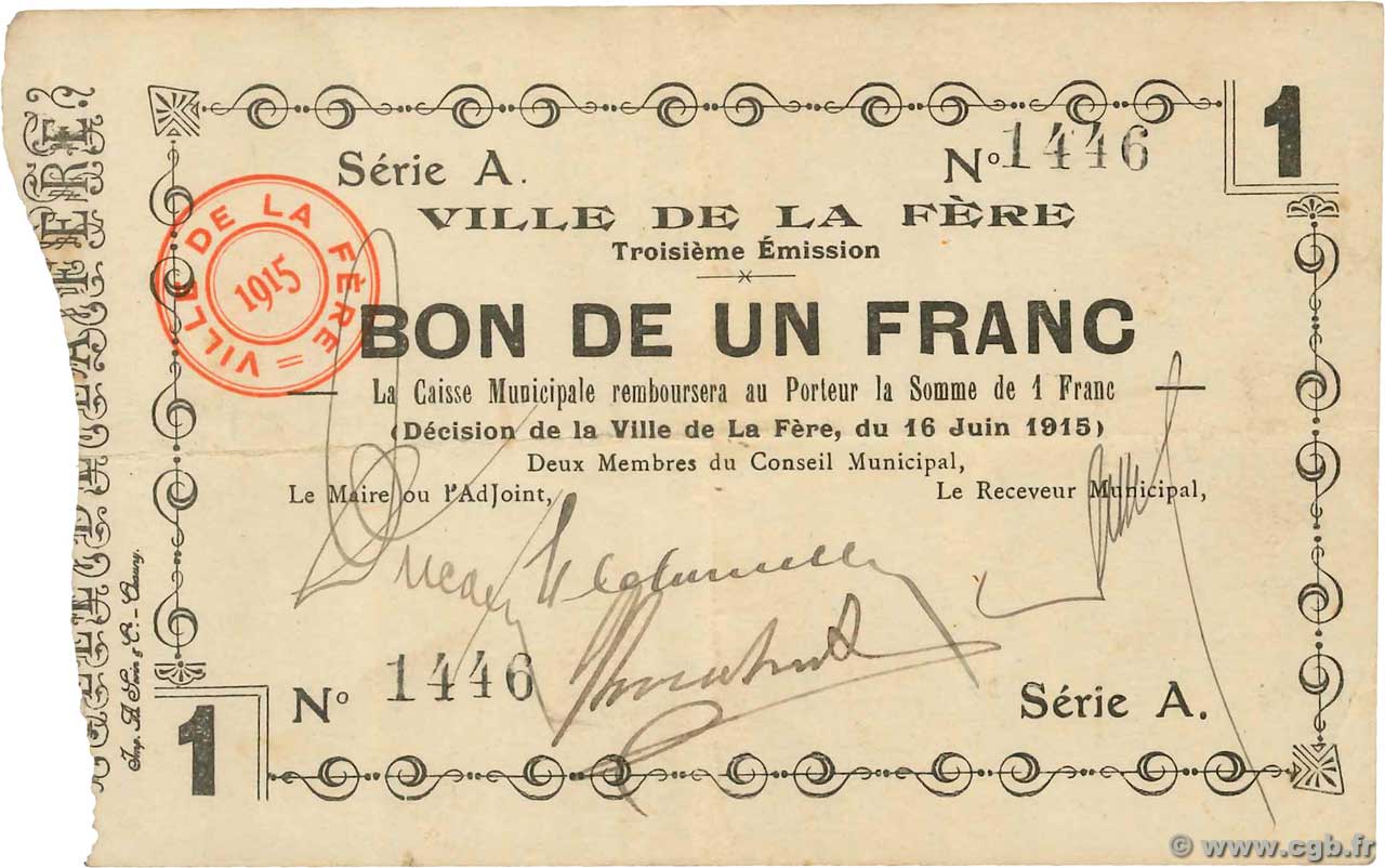 1 Franc FRANCE régionalisme et divers La Fere 1915 JP.02-0800 TTB
