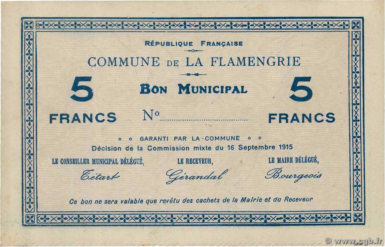 5 Francs FRANCE regionalism and miscellaneous La Flamengerie 1915 JP.02-0847 UNC