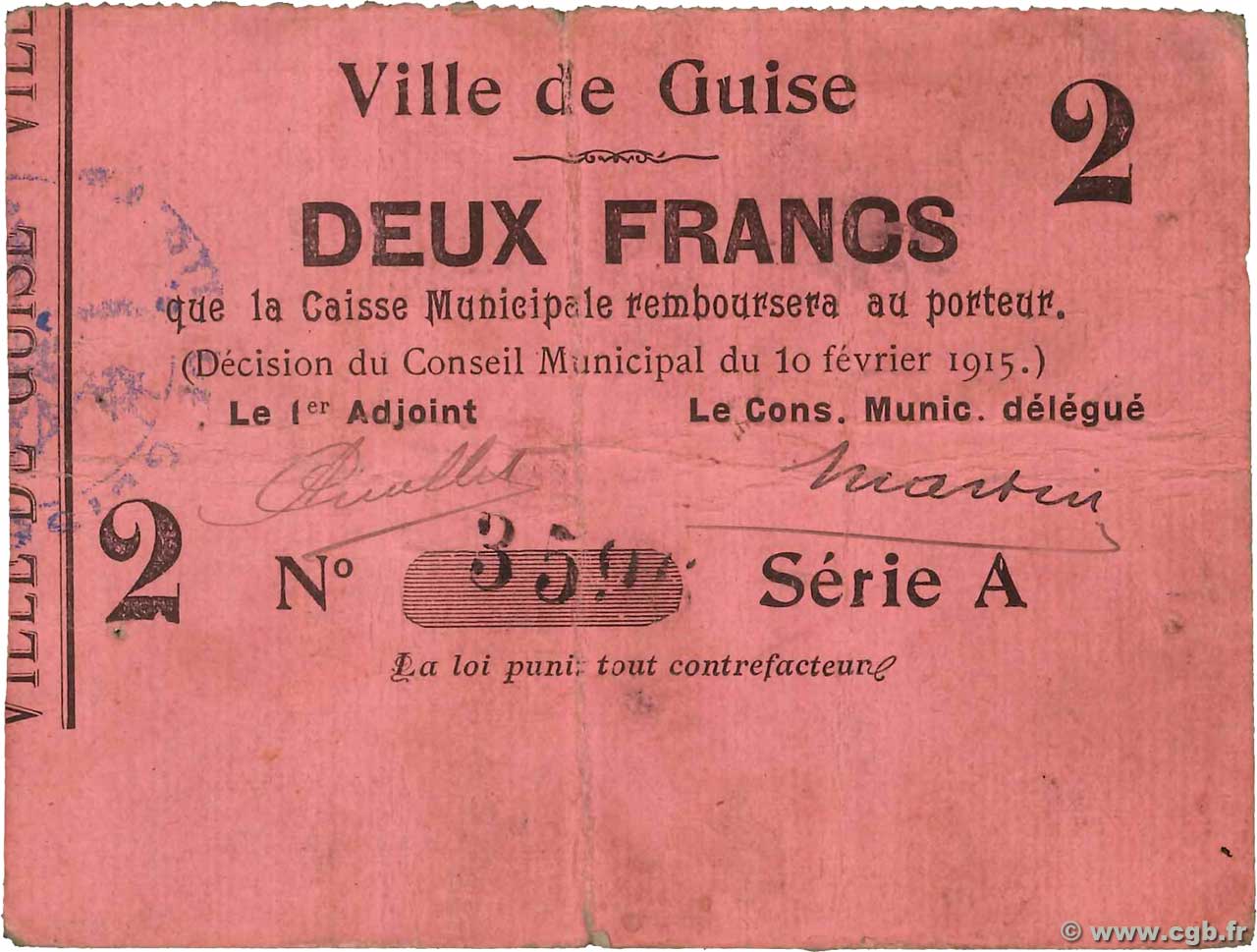 2 Francs FRANCE régionalisme et divers Guise 1915 JP.02-1108 TTB