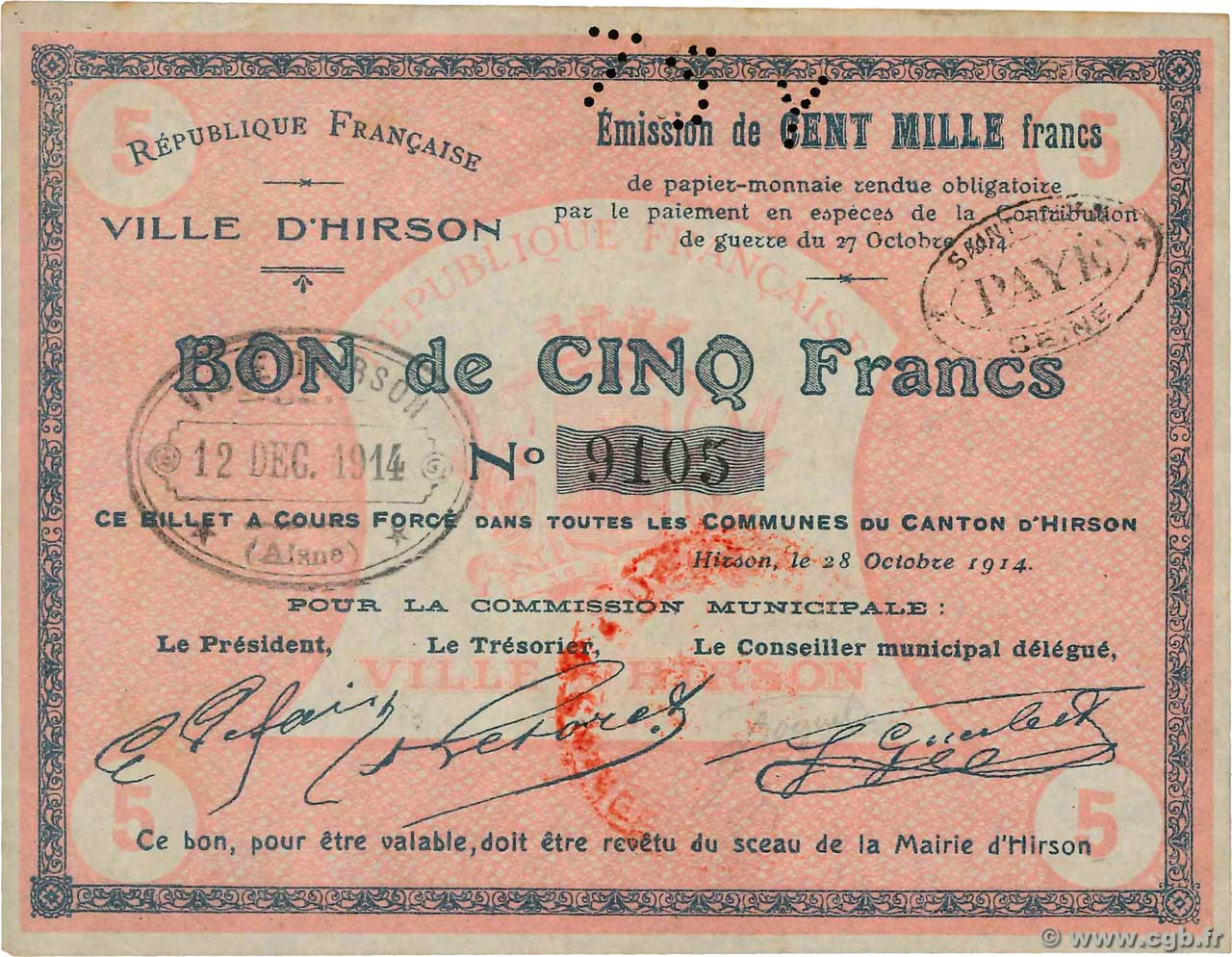 5 Francs FRANCE régionalisme et divers Hirson 1914 JP.02-1176 SUP