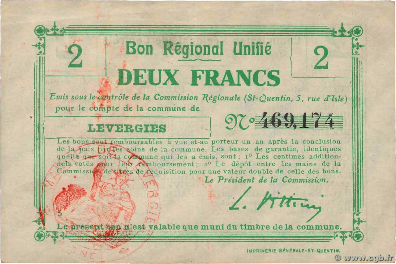 2 Francs FRANCE régionalisme et divers Levergies 1914 JP.02-1376 TTB