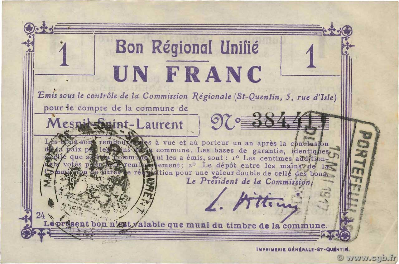 1 Franc FRANCE régionalisme et divers Mesnil-Saint-Laurent 1914 JP.02-1494 SUP